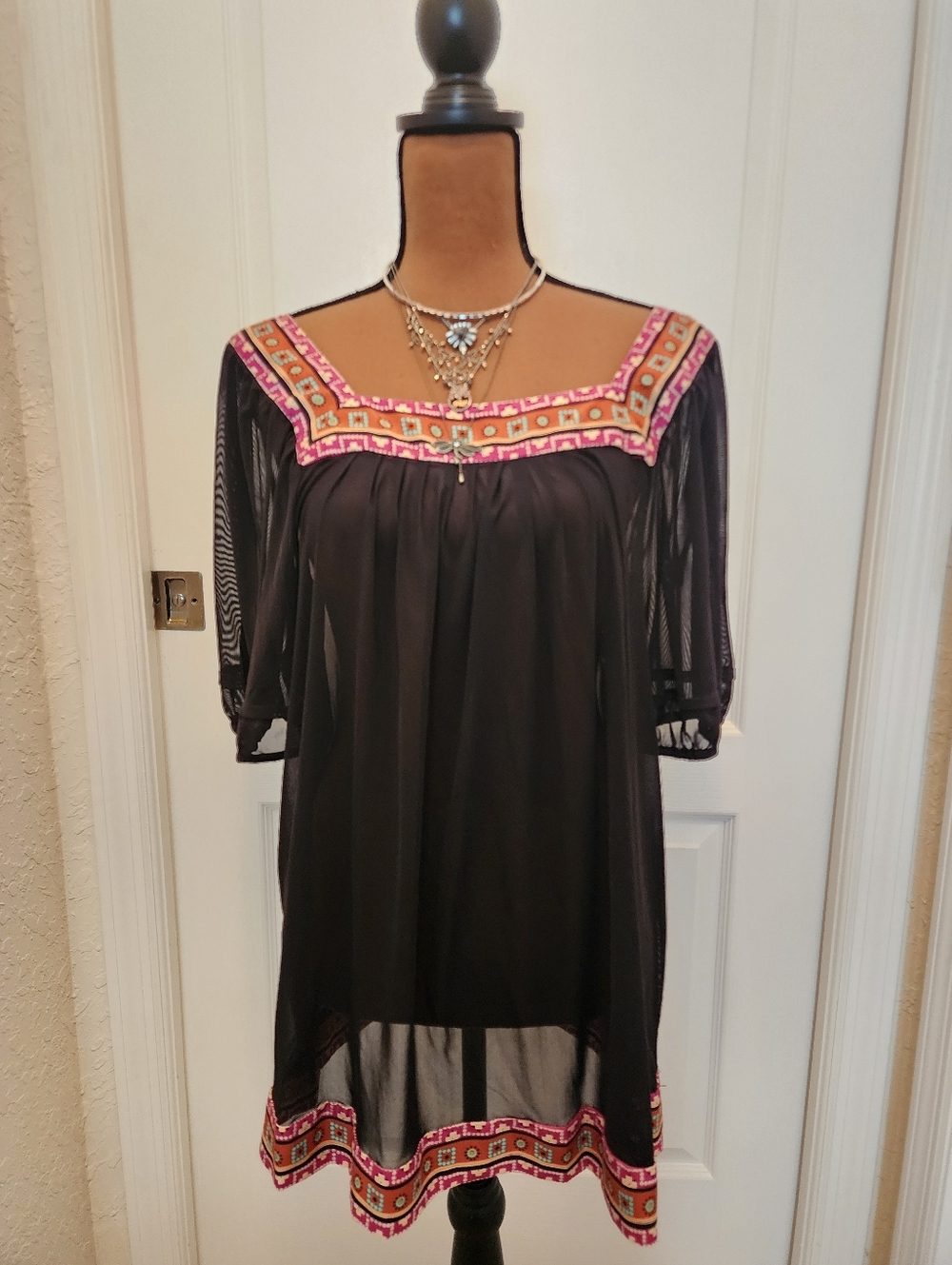 ICE Sheer Black Sati Geometric Trim Embroidered Square-Neck Women's Tunic Top 14